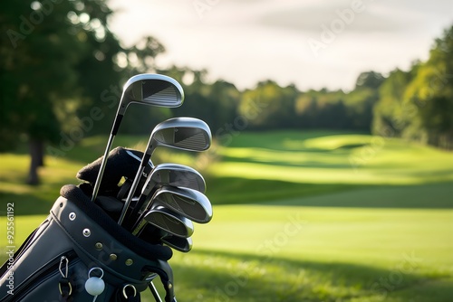 Golf clubs arranged in bag on a serene, golden hour golf course