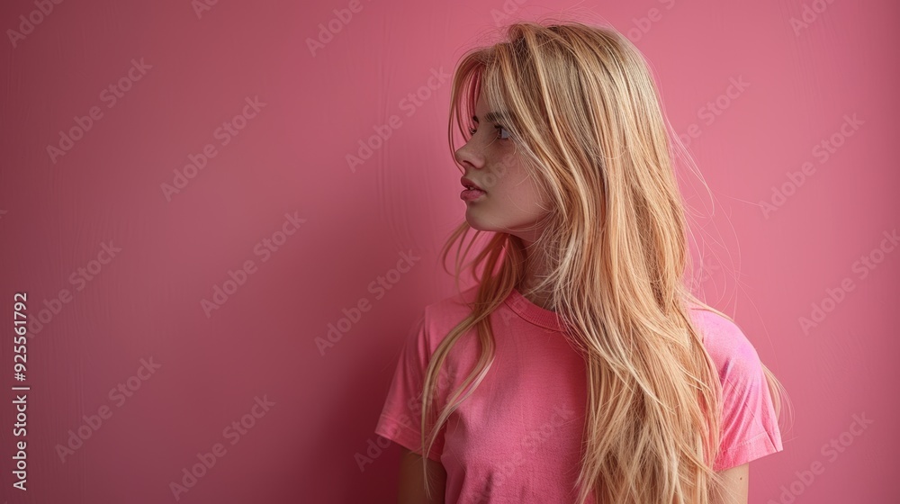Young woman with long, wavy blonde hair posing against a pink background in a casual setting Young woman with long, wavy blonde hair posing against a pink background in a casual setting