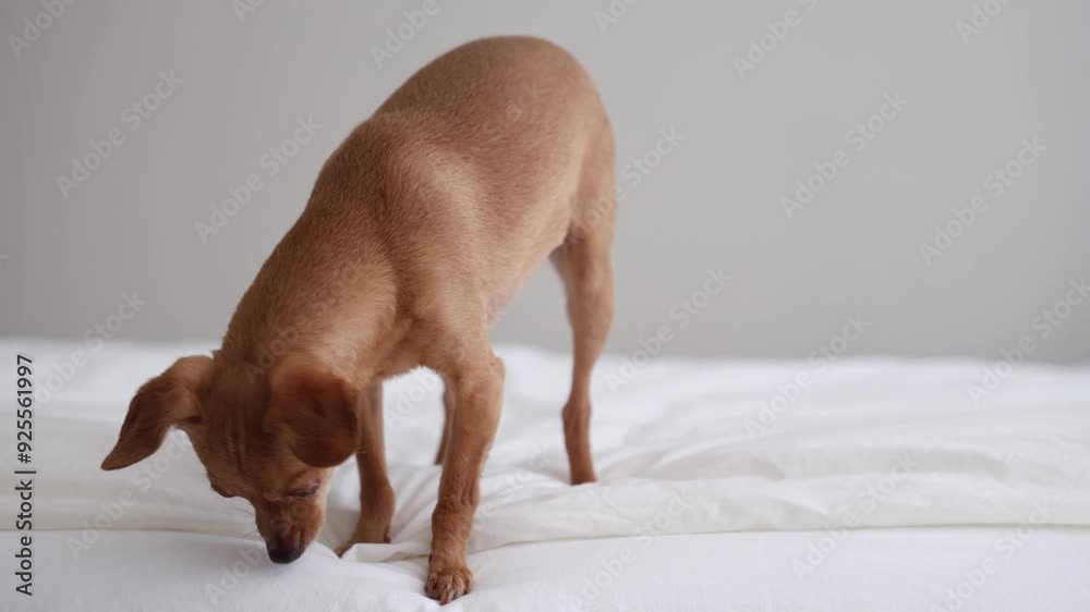 Rescue chihuahua dog walking on bed isolated. A cute mixed breed chihuahua puppy on a fluffy white bed.