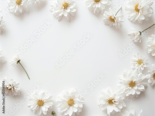 Floral boarder white chrysanthemum daisy colorful frame with white copy space background realistic style. Wedding card.