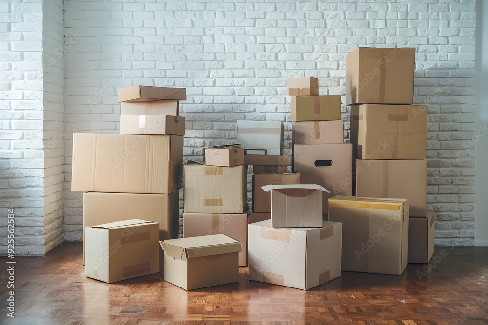 White brick walled room with wooden floor and stacked moving boxes White brick walled room with wooden floor and stacked moving boxes