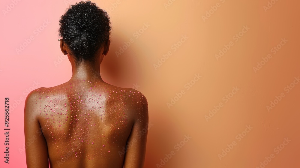 Woman with curly hair facing away, showing water droplets on her back against a gradient background Woman with curly hair facing away, showing water droplets on her back against a gradient background