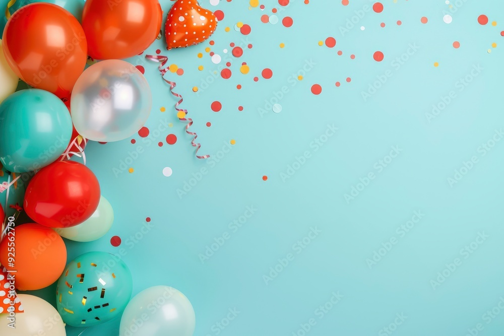 Colorful Balloons And Confetti On A Turquoise Table, Top View, Perfect For A Birthday Holiday Or Party