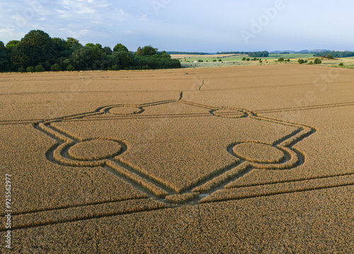 Aerial view of an intricate geometric crop circle formation in a wheat field at Normanton Down, near Stonehenge in Wiltshire, England, UK