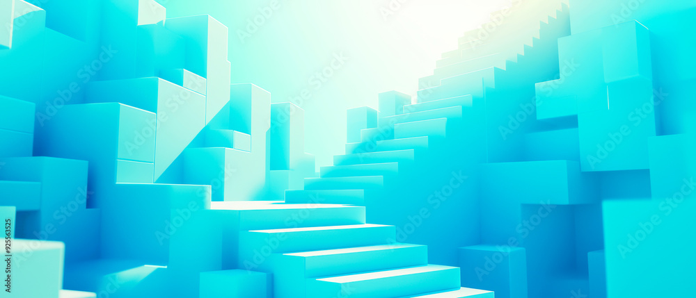 A serene, abstract landscape featuring luminous blue cubes and a stairway leading into a bright, tranquil future.