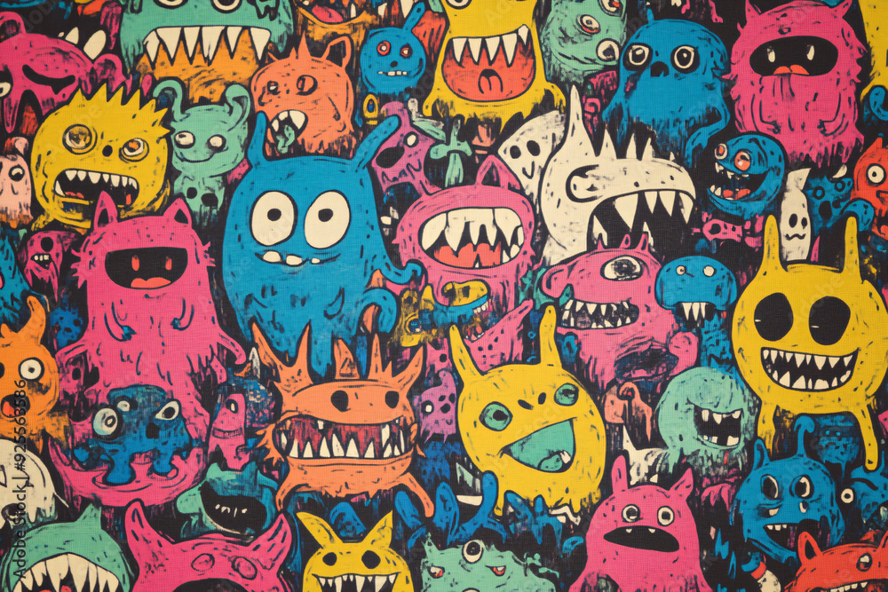 A vibrant collage of cartoon monsters in various colors with exaggerated expressions and whimsical designs creating a playful and chaotic scene A vibrant collage of cartoon monsters in various colors with exaggerated expressions and whimsical designs creating a playful and chaotic scene