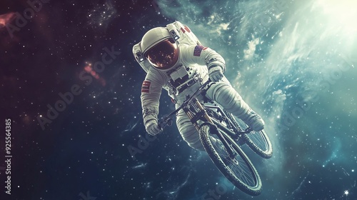 astronaut rides a bicycle in the milky way space