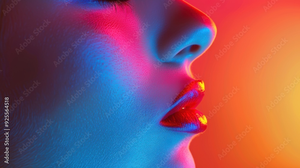 Close-up of a woman's lips illuminated by bright, colorful lights in an artistic setting during nighttime
