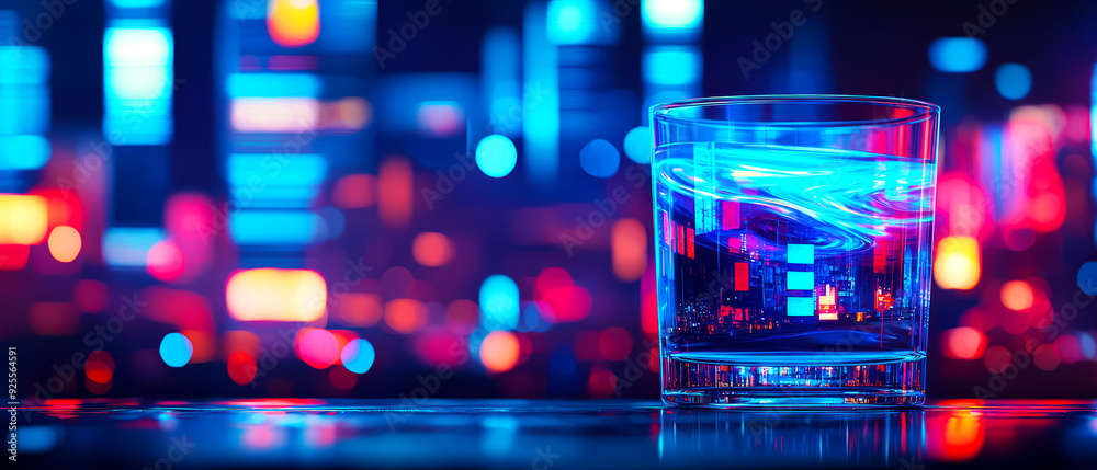 A vibrant glass filled with colorful liquid sits on a reflective surface, capturing the essence of nightlife and city lights. A vibrant glass filled with colorful liquid sits on a reflective surface, capturing the essence of nightlife and city lights.