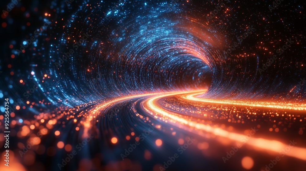 Digital representation of a vibrant cosmic tunnel with glowing orange and blue lights swirling in motion Digital representation of a vibrant cosmic tunnel with glowing orange and blue lights swirling in motion