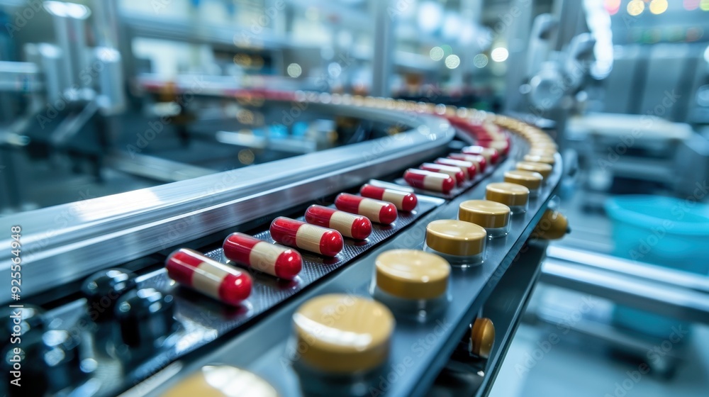 Close-up view of a pharmaceutical production line with red and white capsules being processed. Industrial manufacturing environment. Close-up view of a pharmaceutical production line with red and white capsules being processed. Industrial manufacturing environment.