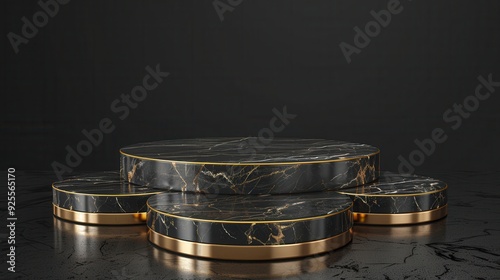 Luxurious black marble pedestal with golden accents. Ideal for showcasing products or used in modern interior design.