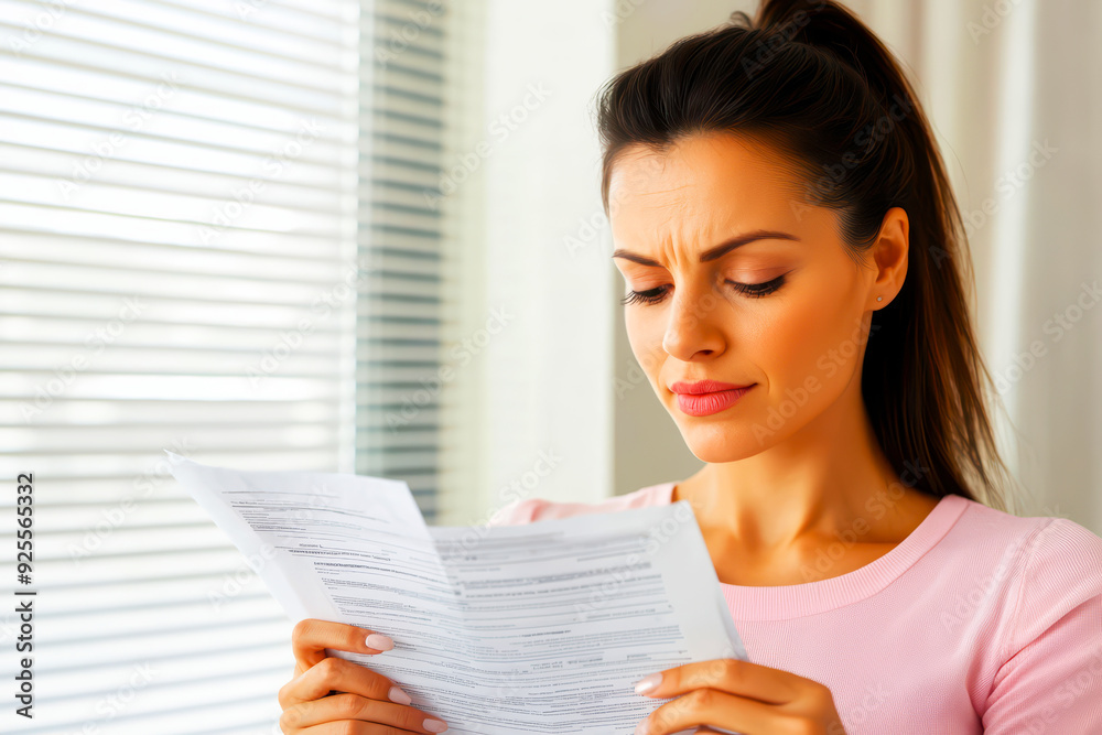 A woman thoughtfully reads a document, showing concentration and concern in a well-lit room with natural sunlight. A woman thoughtfully reads a document, showing concentration and concern in a well-lit room with natural sunlight.