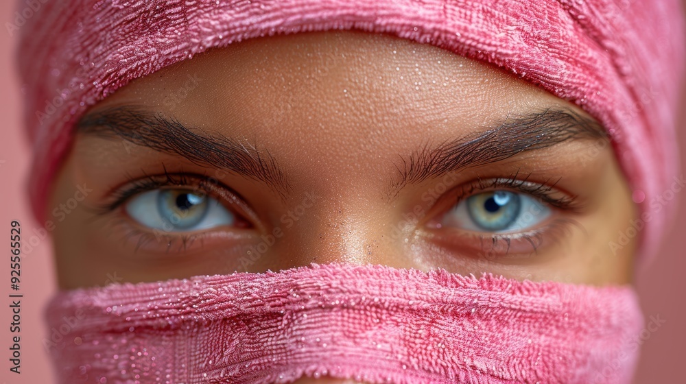 Fototapeta premium Close-up portrait of a person with blue eyes wearing a pink head wrap against a soft pink background