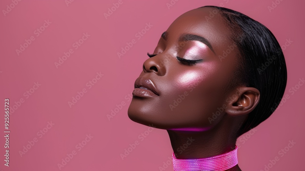 Portrait of a model showcasing radiant skin and vibrant makeup against a pink backdrop Portrait of a model showcasing radiant skin and vibrant makeup against a pink backdrop