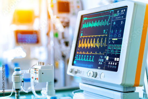 Close-up of a modern medical monitor displaying vital signs in a hospital setting with blurred background equipment.