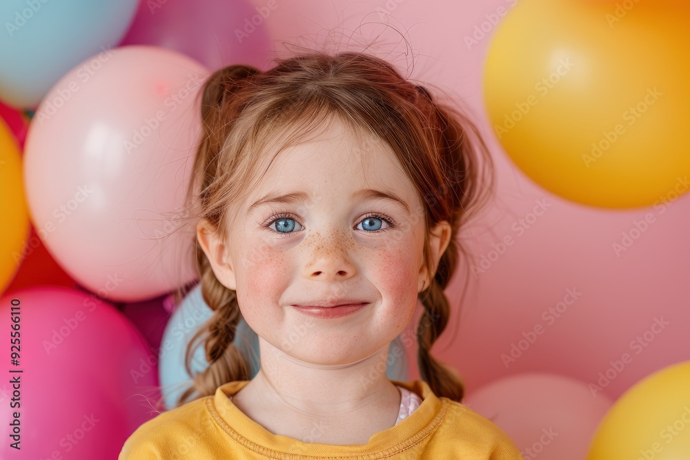 A Little Girl With Balloons, Smiling And Ready To Celebrate Her Birthday A Little Girl With Balloons, Smiling And Ready To Celebrate Her Birthday