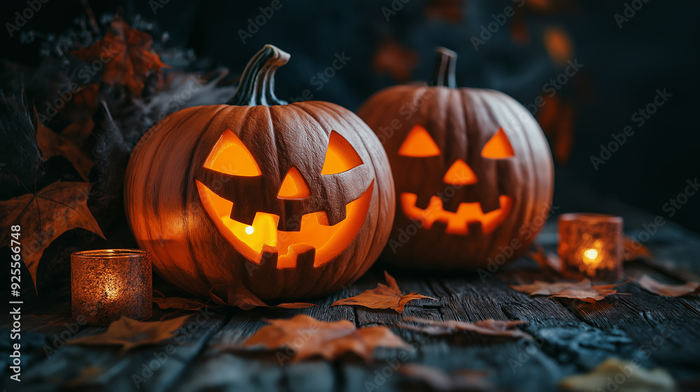 Illuminated jack-o'-lanterns with autumn leaves and candles... Illuminated jack-o'-lanterns with autumn leaves and candles...
