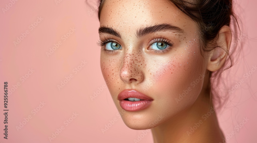 Young woman with freckles and striking blue eyes poses against a soft pink background during golden hour Young woman with freckles and striking blue eyes poses against a soft pink background during golden hour