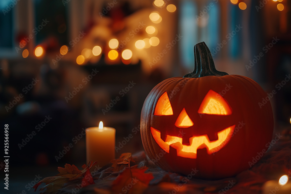 Glowing Jack-o'-lantern with candlelight on Halloween Glowing Jack-o'-lantern with candlelight on Halloween