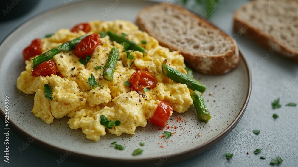 Plate of scrambled eggs with asparagus and cherry tomatoes garnished with parsley, served with slices of wholemeal bread, close-up view showing a delicious and nutritious breakfast Plate of scrambled eggs with asparagus and cherry tomatoes garnished with parsley, served with slices of wholemeal bread, close-up view showing a delicious and nutritious breakfast