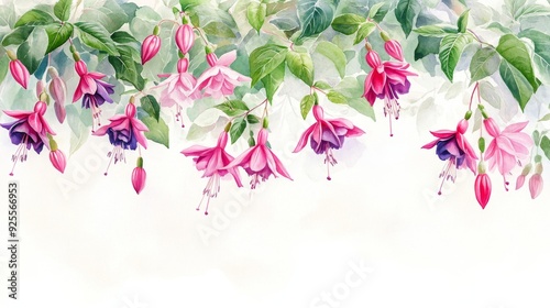 Wallpaper Mural Watercolor of pink and purple fuchsia flowers with green leaves on a white background Torontodigital.ca