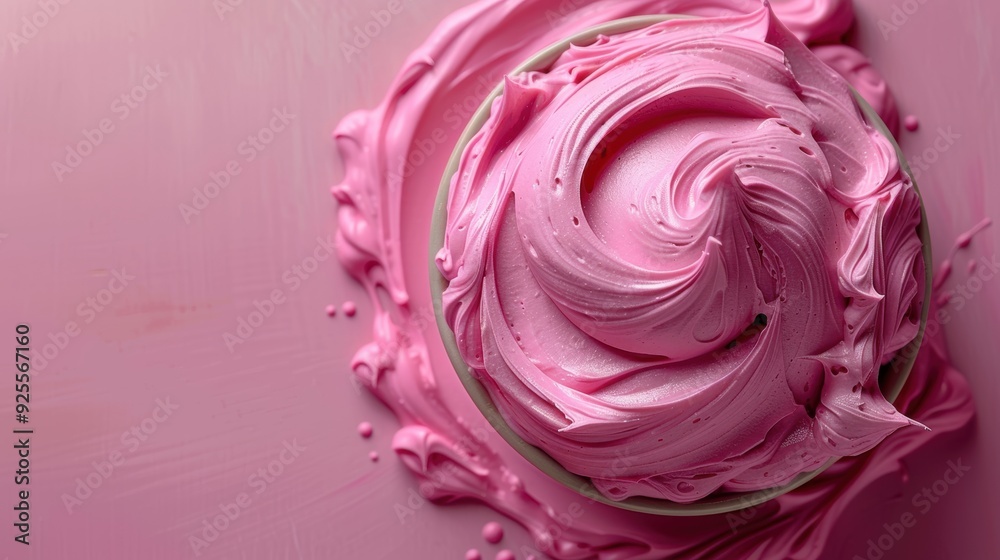 Whipped pink frosting in a bowl with swirls on a light background Whipped pink frosting in a bowl with swirls on a light background
