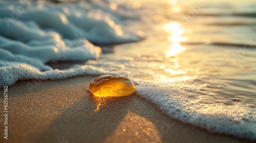 A piece of amber lying on the sandy seashore as gentle sea waves touch it, illuminated by warm sunlight