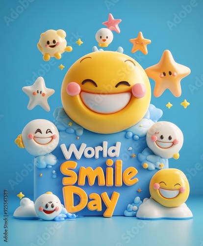 A cheerful illustration celebrating World Smile Day with a large smiling sun and playful cloud characters against a bright blue background. Generative AI