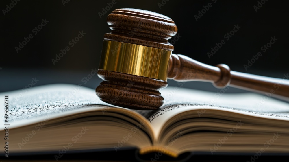 Wooden gavel resting on an open law book, symbolizing justice, authority, and the judicial system in a close-up shot Wooden gavel resting on an open law book, symbolizing justice, authority, and the judicial system in a close-up shot