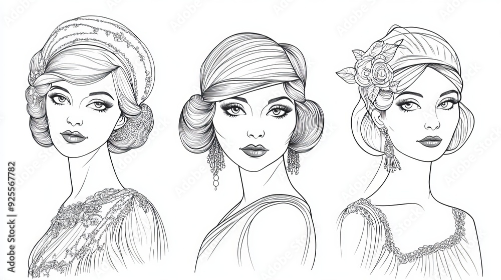 Three retro women from the 1920s in flapper style with intricate hairstyles and accessories, black outlines on a white background Three retro women from the 1920s in flapper style with intricate hairstyles and accessories, black outlines on a white background
