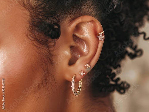 Close-up of Stylish Multiple Ear Piercings with Elegant Gold and Diamond Earrings
