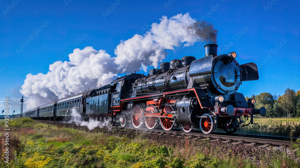 Naklejka premium Classic steam locomotive chugging through the countryside on a sunny day, emitting clouds of white smoke
