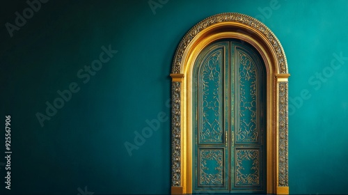 Elegant arched door with intricate golden patterns set against a deep blue-green background, evoking a sense of luxury and classic style, with copy space 