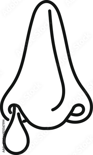 Simple black and white vector illustration of a human nose with a drop of mucus coming out of one nostril