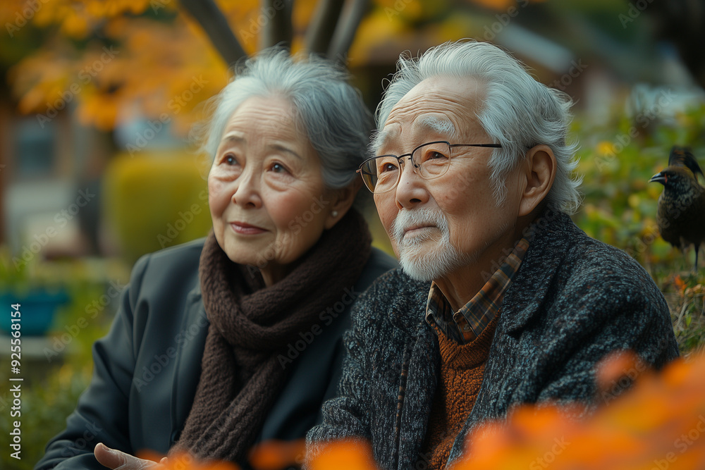 An elderly couple sitting in their garden, watching the birds and enjoying the beauty of nature. An elderly couple sitting in their garden, watching the birds and enjoying the beauty of nature.