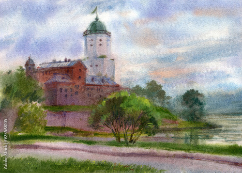 Watercolor illustration of landscape of medieval fotress and castle in Vyborg. photo