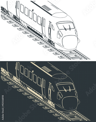 High-speed train isometric technical drawings close-up
