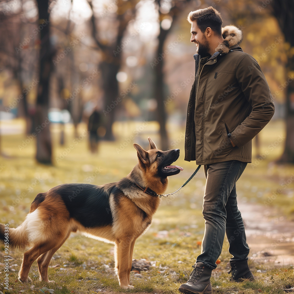 A man with his pet in the park walking happily, a person walking down a forest path with their dog on a leash. The scene is set in a misty, dense forest, with tall trees on either side of the path. A man with his pet in the park walking happily, a person walking down a forest path with their dog on a leash. The scene is set in a misty, dense forest, with tall trees on either side of the path.