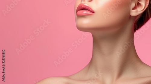 A close-up view of a woman's neck and lips with soft pink makeup against a pastel pink background