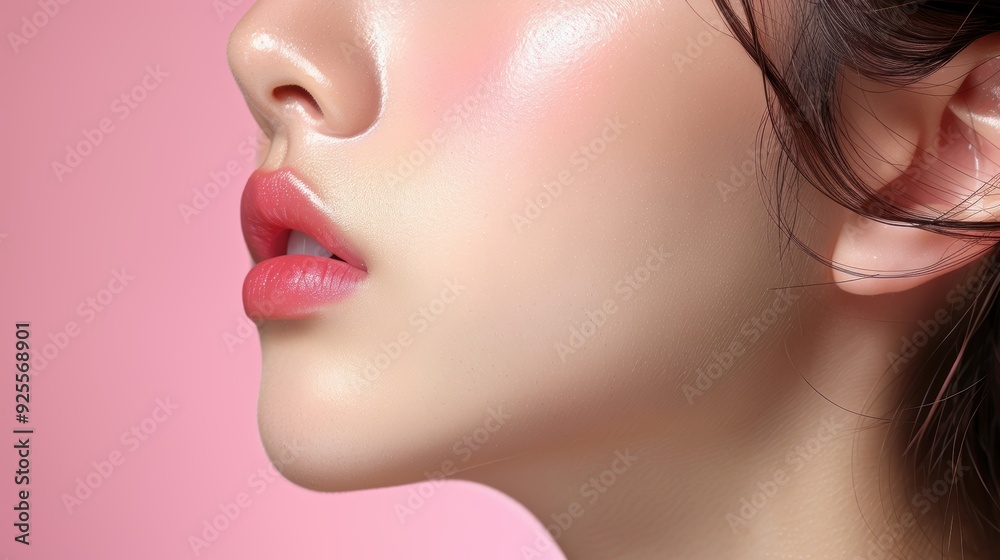 Close-up of a young woman's face showcasing subtle makeup against a soft pink background Close-up of a young woman's face showcasing subtle makeup against a soft pink background