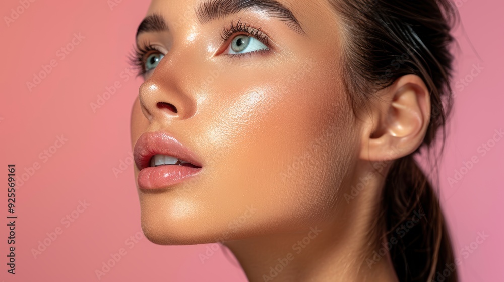Model posing with glowing skin against a soft pink background in a studio setting Model posing with glowing skin against a soft pink background in a studio setting