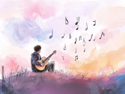 A musician plays guitar on a cliff during sunset, surrounded by colorful musical notes drifting in the gentle breeze. Generative AI