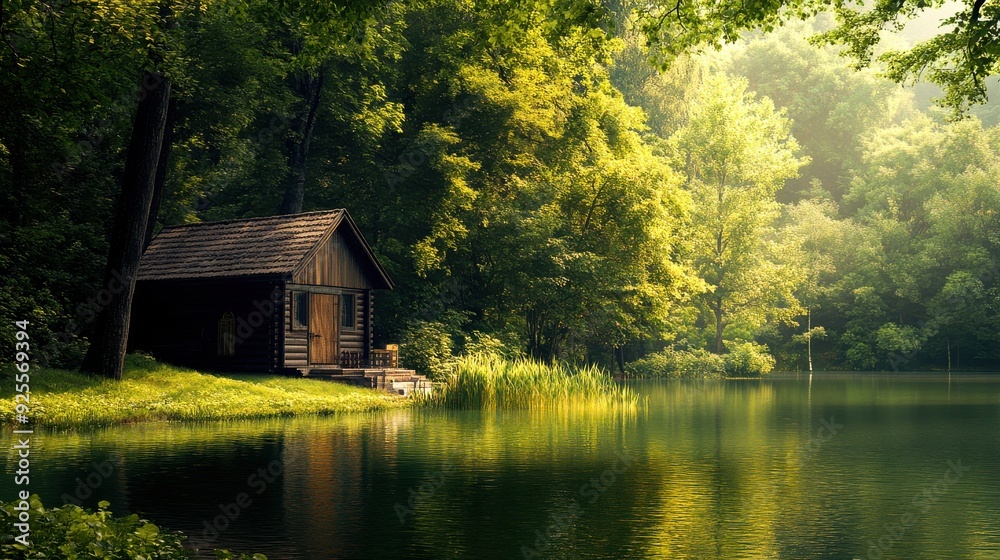 A cozy cabin rests peacefully by the water's edge, embraced by vibrant foliage as the sun begins to rise A cozy cabin rests peacefully by the water's edge, embraced by vibrant foliage as the sun begins to rise