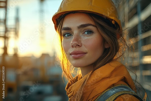 professional woman in construction gear surveying a building site determination in her eyes surrounded by scaffolding and heavy machinery at golden hour