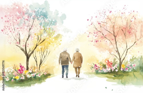 Elderly couple walking hand in hand through a scenic park adorned with blooming flowers and vibrant trees in the soft light of spring. Generative AI