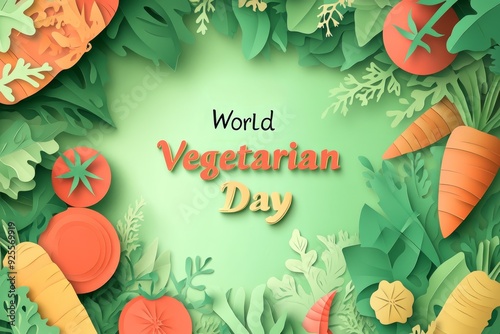 Celebration of World Vegetarian Day with vibrant vegetables and leafy greens in a colorful illustrative design. Generative AI