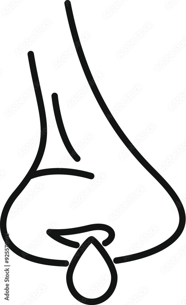 Minimalist outline icon of a bleeding nose with a blood drop flowing from a nostril Minimalist outline icon of a bleeding nose with a blood drop flowing from a nostril