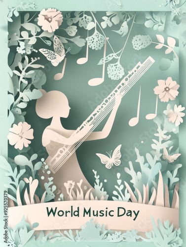 Celebrating World Music Day with a serene illustration of a woman playing a flute surrounded by musical notes and floral elements in a tranquil garden. Generative AI
