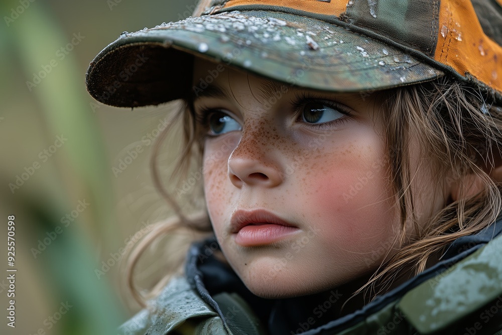 A young child wearing a camouflaged cap observes nature during a rainy day in the countryside A young child wearing a camouflaged cap observes nature during a rainy day in the countryside
